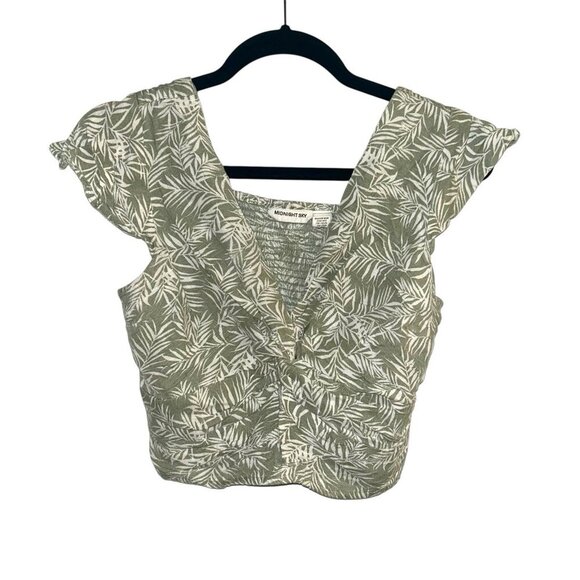 Midnight Sky Green Tropical Palm Linen Blend V-Neck Crop Top Size Large - Picture 1 of 6